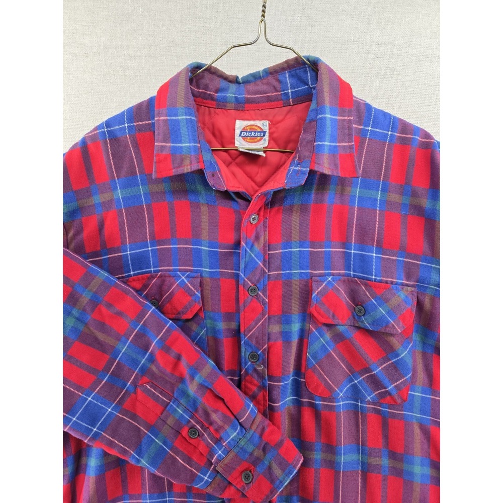 Dickies Mens Large Quilted Lined Flannel Shirt Jacket Red Blue Plaid Shacket